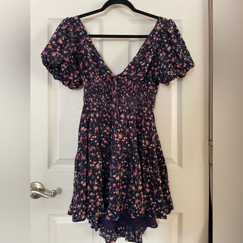 Altar’d State Navy Floral Puff Sleeve Dress with Smocked Bodice